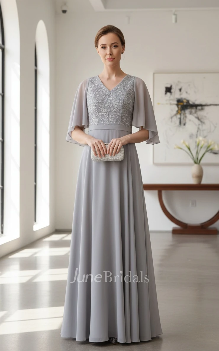 V-neck Elegant A-Line Floor-length Bat Sleeve Lace Appliques Mother of the Bride Dress