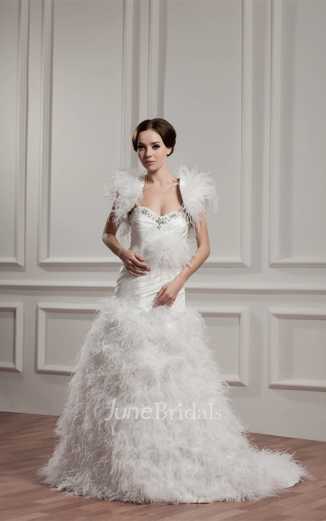 Strapless Criss-Cross Ruffled A-Line Gown with Beading and Bolero