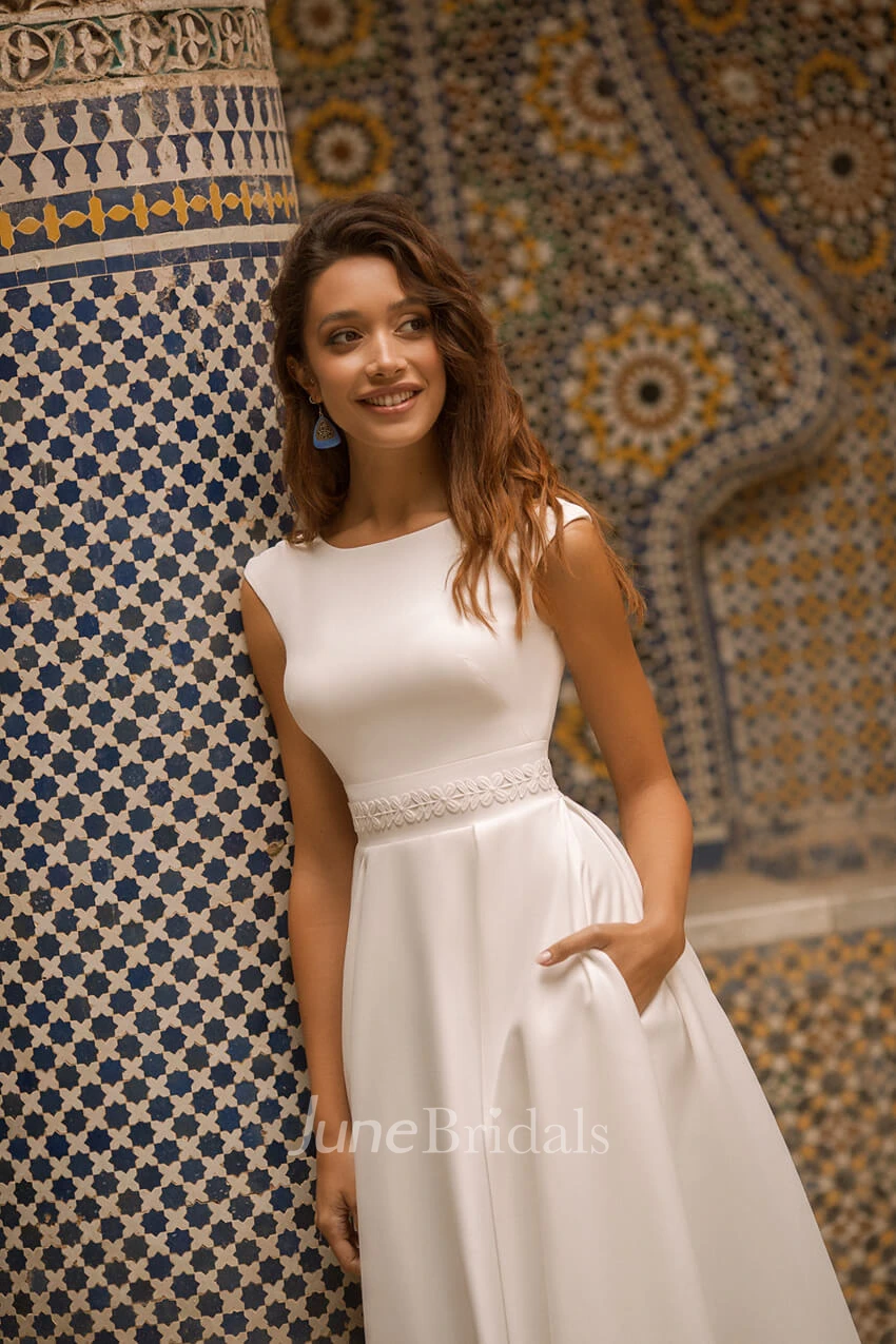 Bateau Neckline With Cap Sleeve Elegant Satin Wedding Dress With V-back And Sash Details