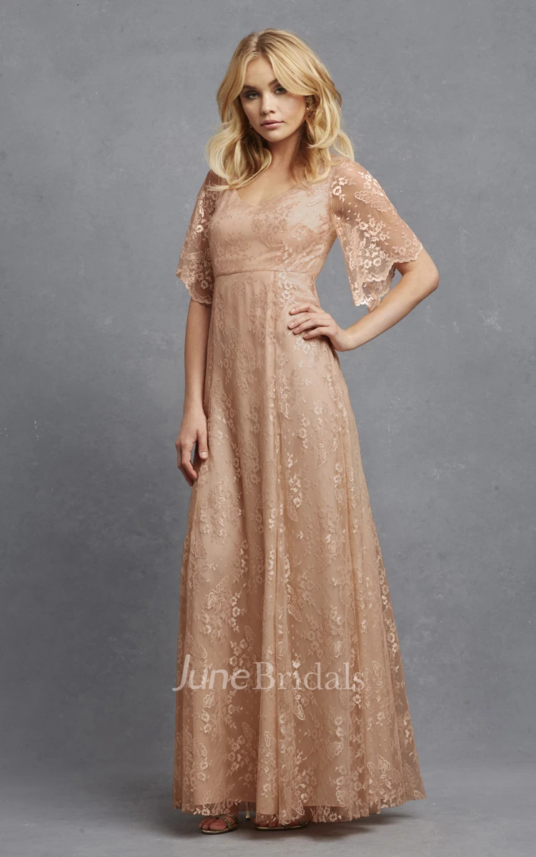 Romantic V-neck A-line Lace Dress With Bell Sleeves