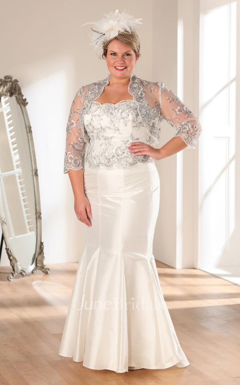 Trumpet Long Strapless 3-4-Sleeve Satin Appliques Dress