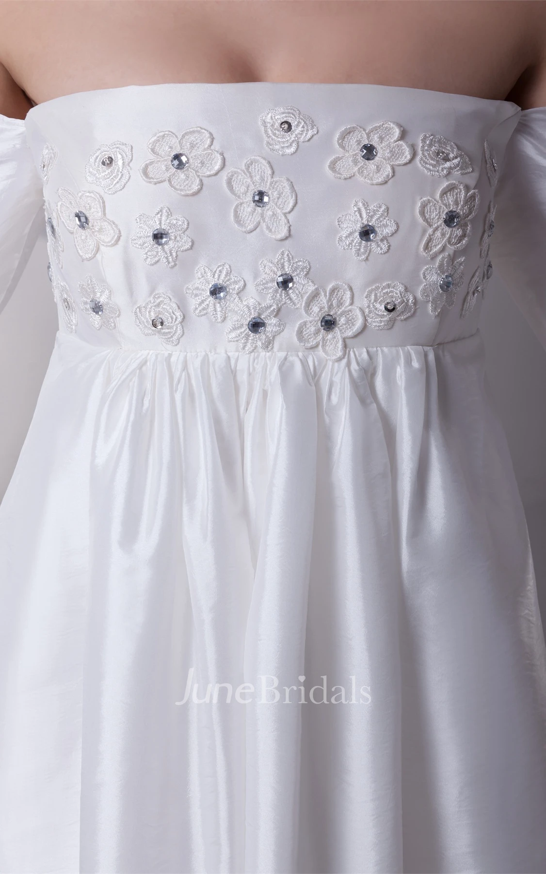 Off-The-Shoulder Empire Mini Dress with Flower and Pleats