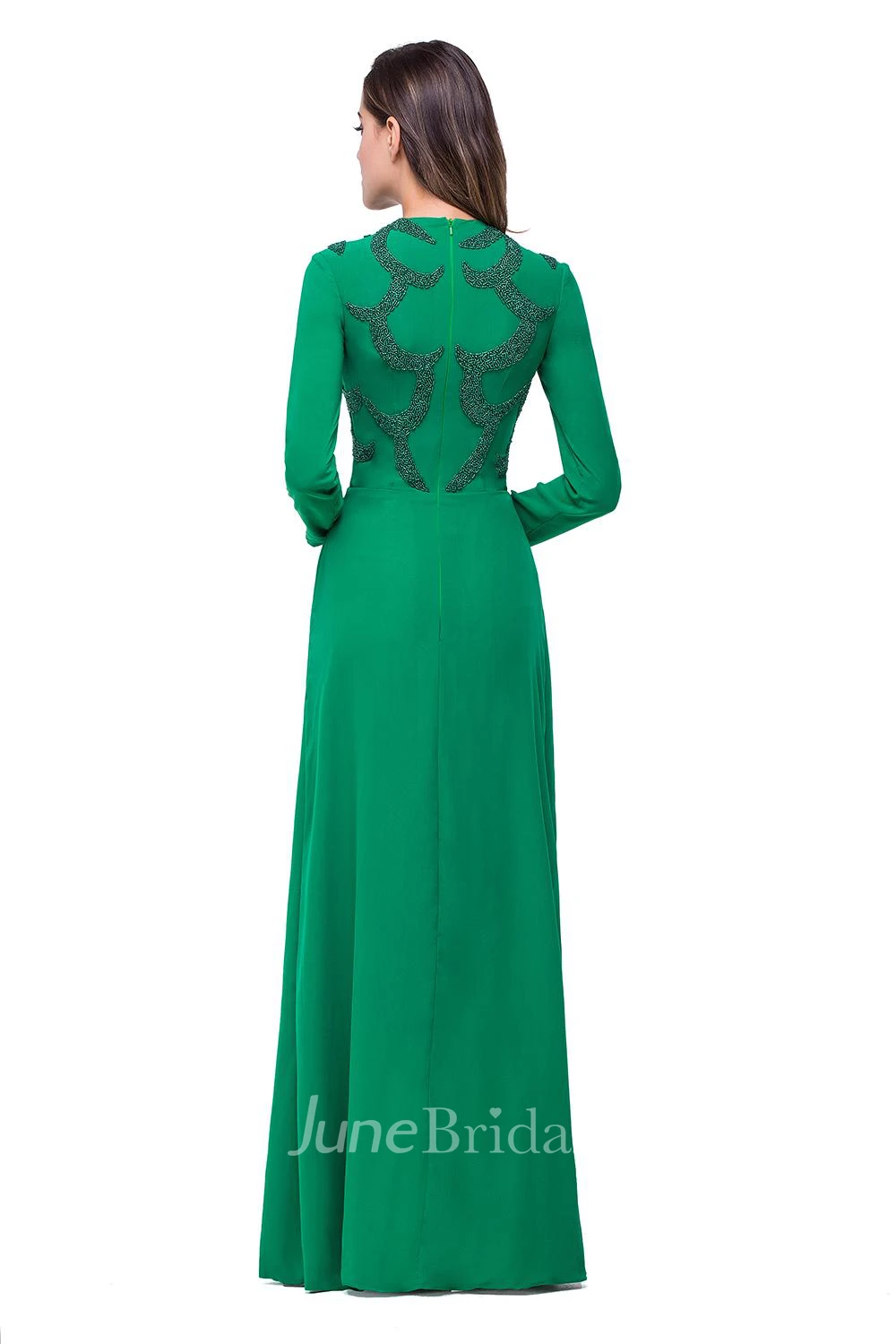 Elegant Green Long Sleeve Beadings Evening Dress Long Chiffon Party Gowns