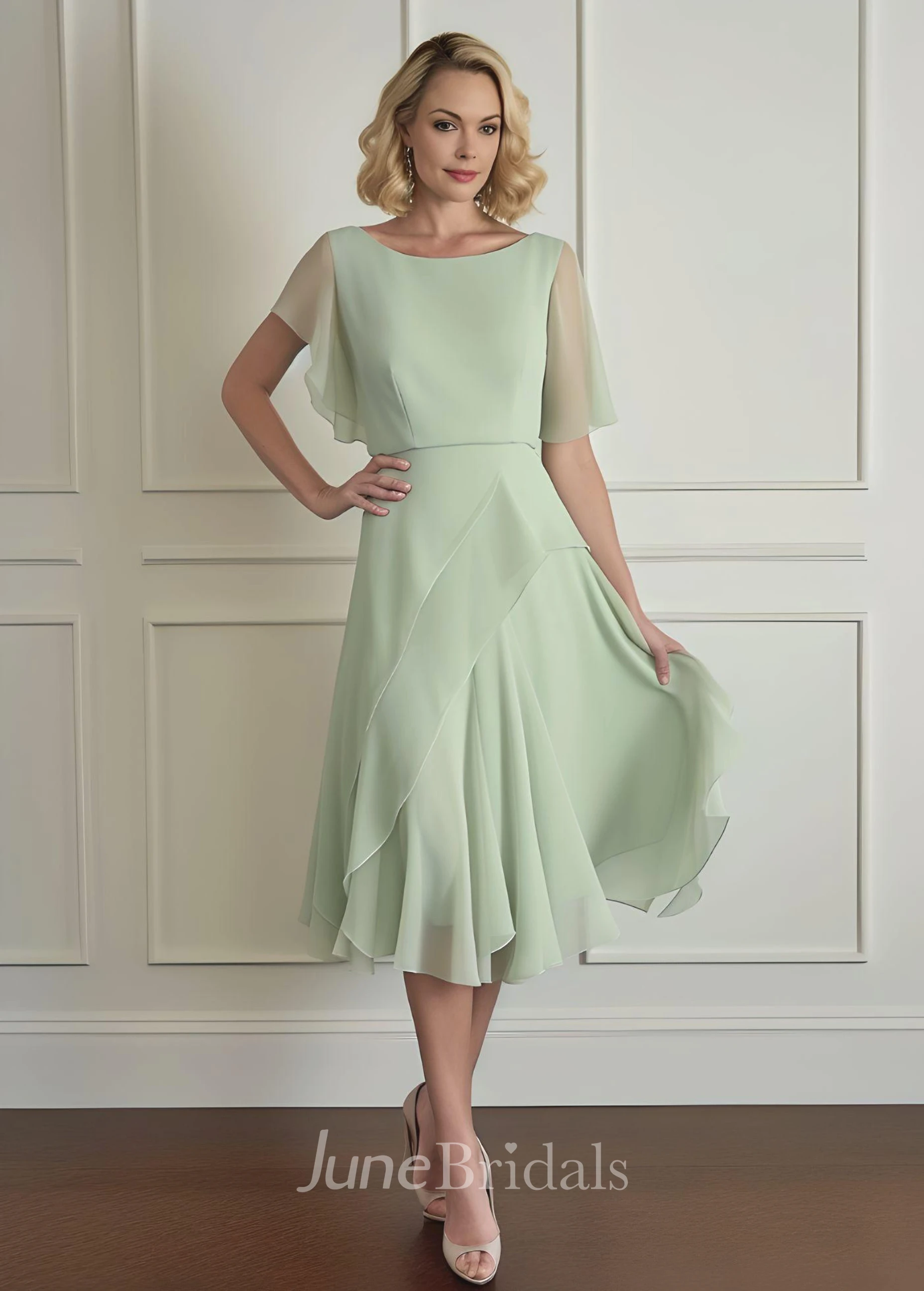 Simple Sheath Bateau NeckTulle Half Sleeve Mother of the Bride Dress Casual Modest Elegant Tea-length