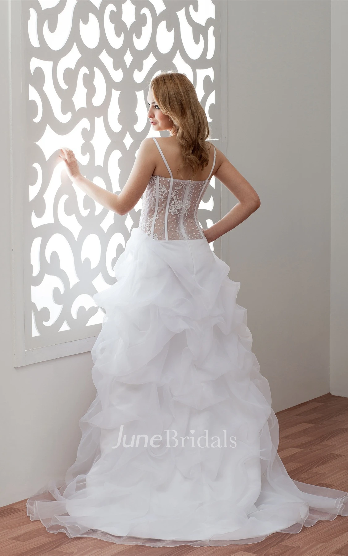 Plunged Spaghetti-Strap Front-Split Dress with Appliques and Illusion Waist