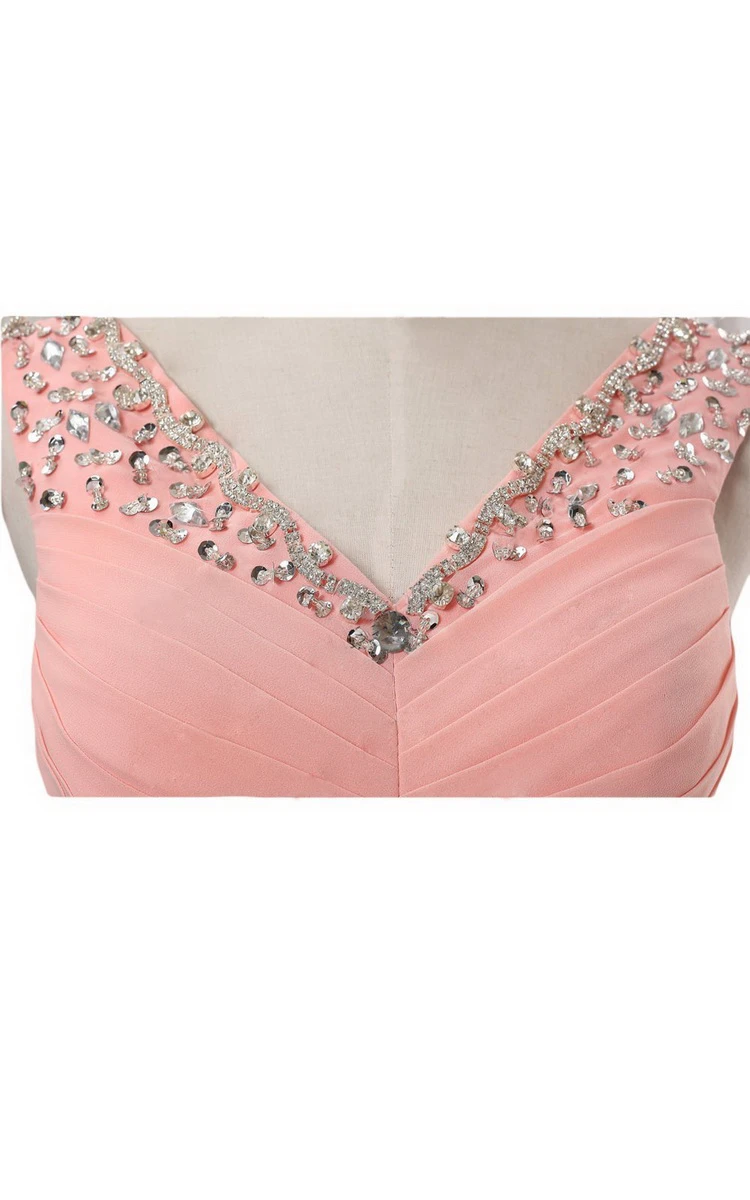 V-neck Long Empire Chiffon Dress With Rhinestones