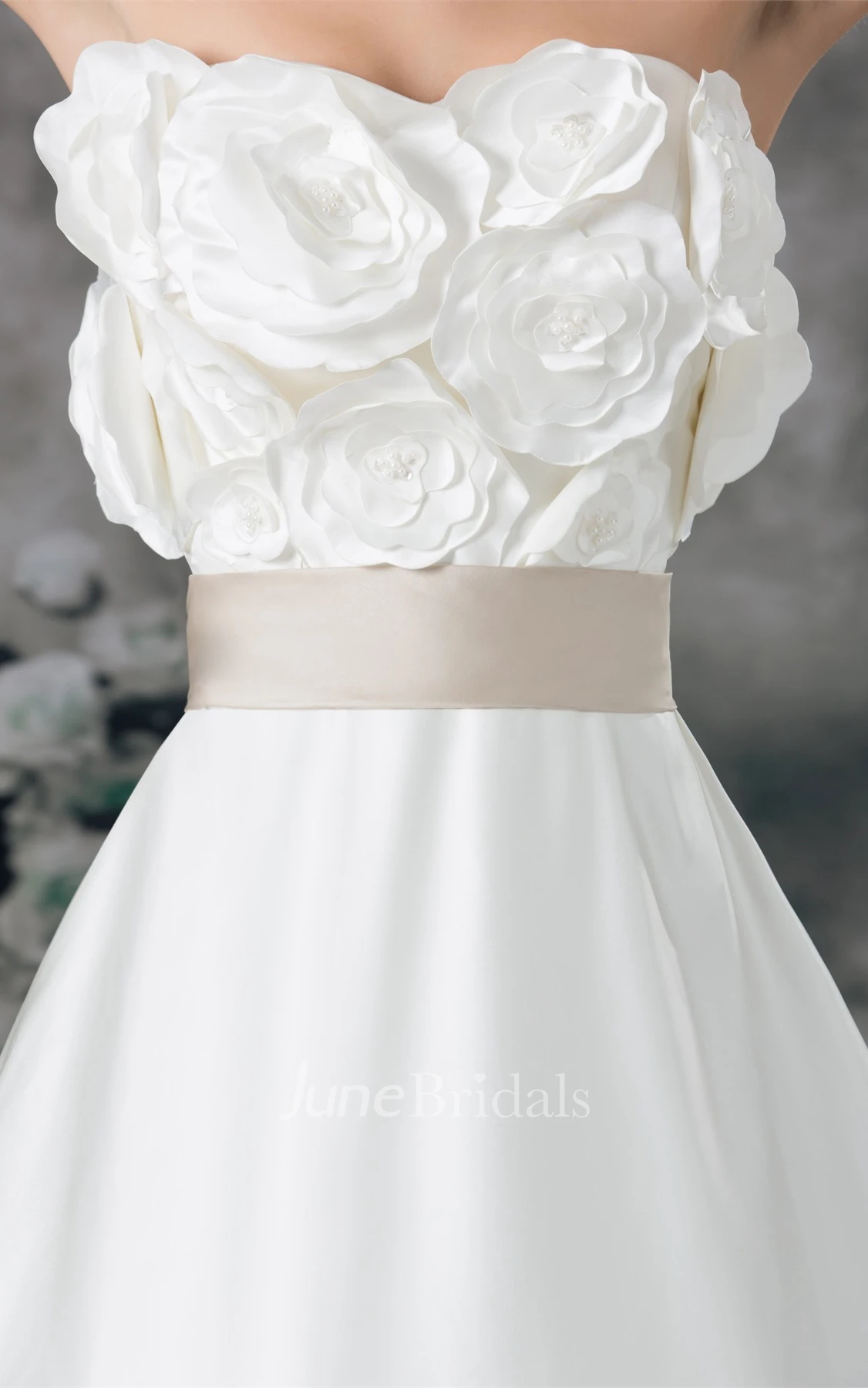 strapless a-line satin dress with floral embellishment