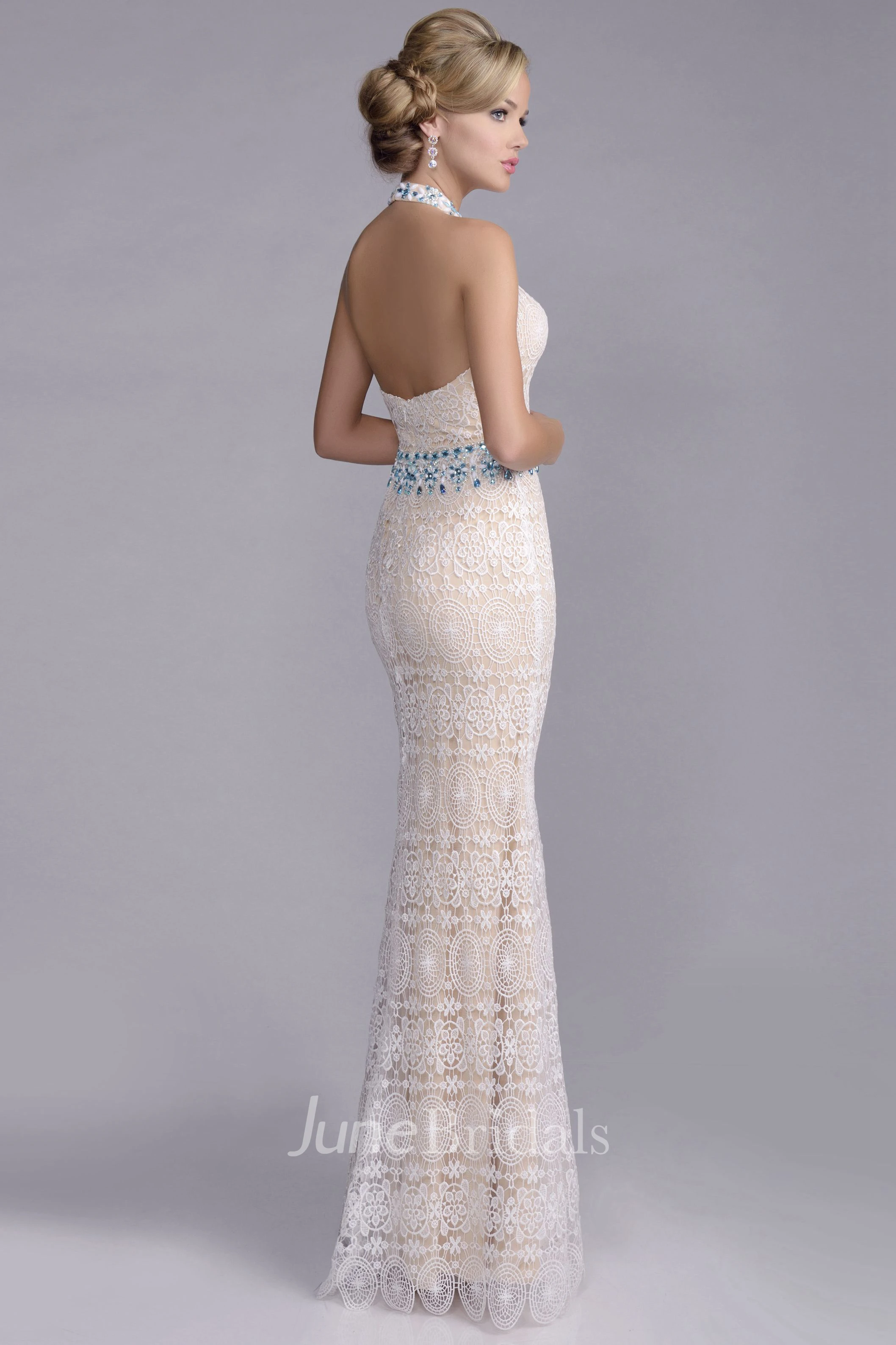 Halter Sheath Lace Prom Dress With Rhinestones On Waist And Neck
