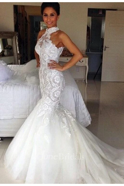Delicate Halter Tulle Mermaid Wedding Dress With Lace Appliques