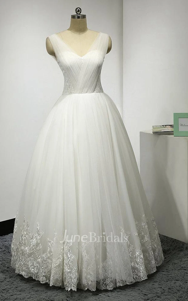 V-Neck Sleeveless Tulle Ball Gown With Ruching and Lace
