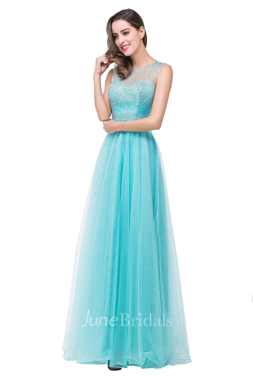 Delicate Beadings Illusion A-line Prom Dress Zipper Floor-length Sleeveless