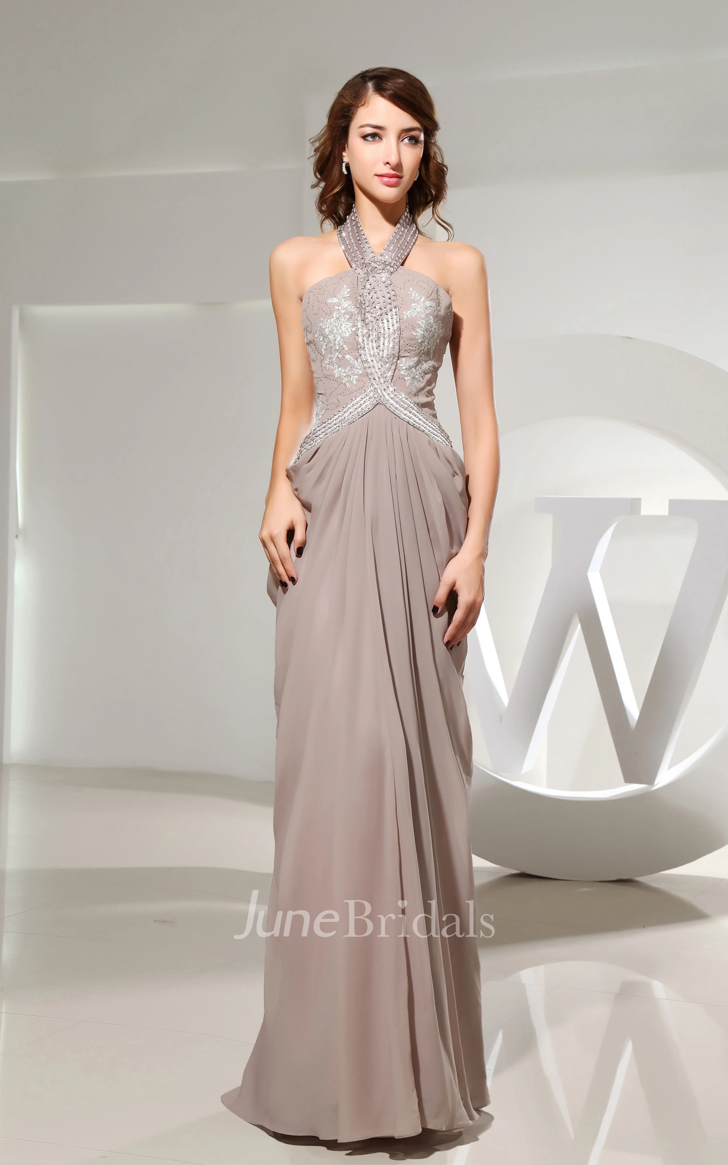 Chiffon Sleeveless Chiffon Dress With Beaded Halter and Appliques