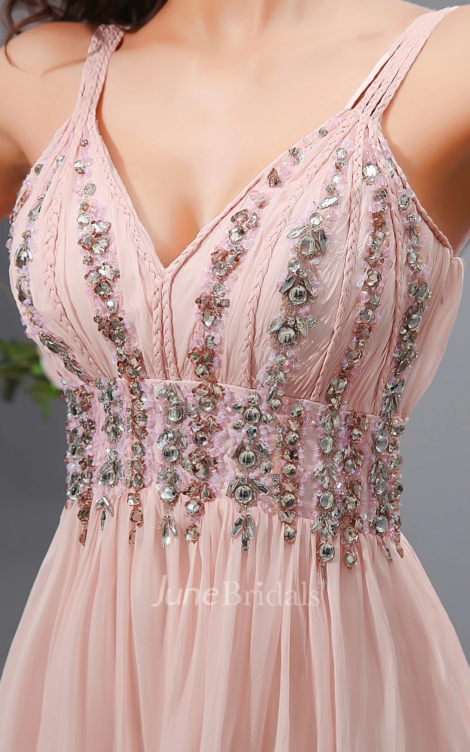 Sweet Empire V-Neck Gown With Spaghetti Straps Shiny Bodice