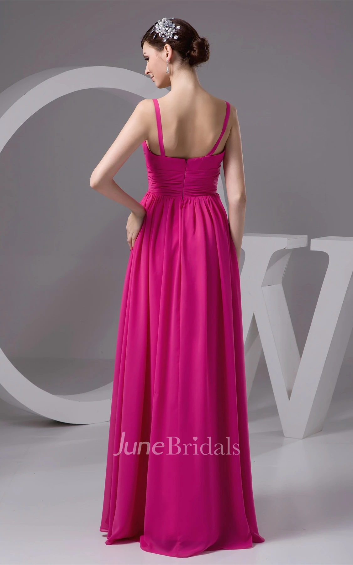 Strapped Plunged Chiffon Maxi Gown with Pleats