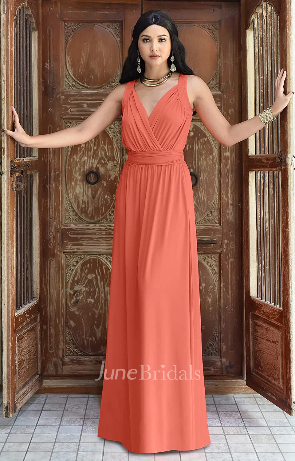 Modern A Line V-neck Chiffon Sleeveless Bridesmaid Dress