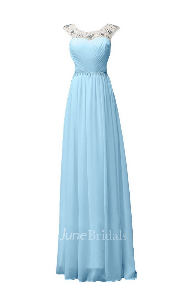 Sleeveless Long Ruffled Chiffon Dress With Beaded Neck