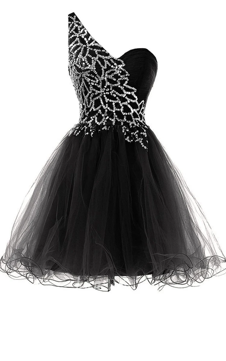 One-shoulder Short A-line Layered Dress With Beadings