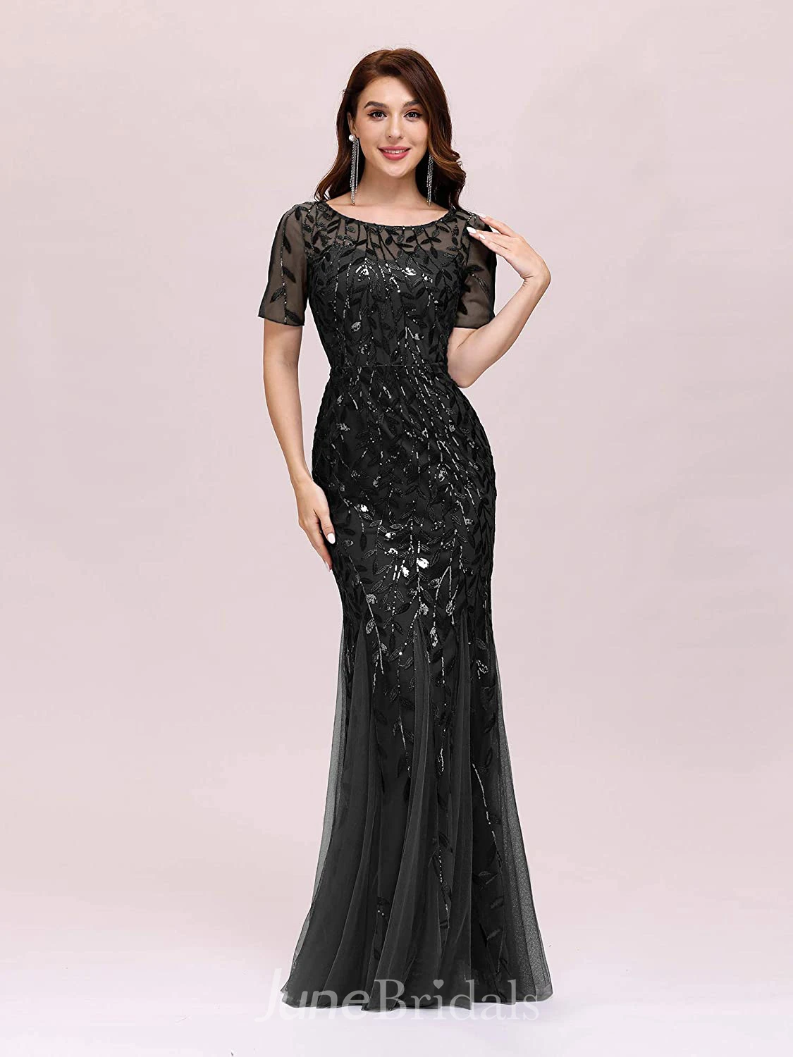 Vintage Mermaid/Trumpet Jewel Short Sleeve Prom Formal Dress with Pleats and Sequins