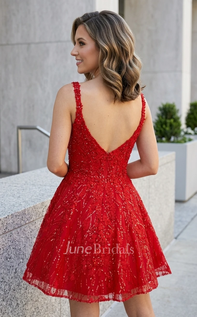 Unique Shiny Red Sequins A-Line Short Dress for Homecoming Mini Modest Flattering Square Neckline Straps Sleeveless Zipper Back Prom Dress with Pockets