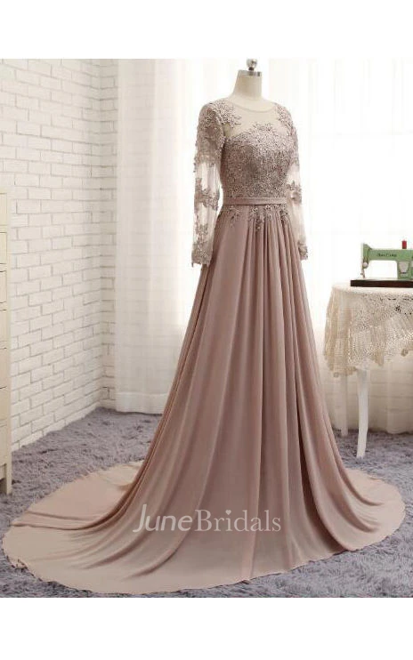 A-line Scoop Neck Long Sleeved Appliqued Chiffon Dress