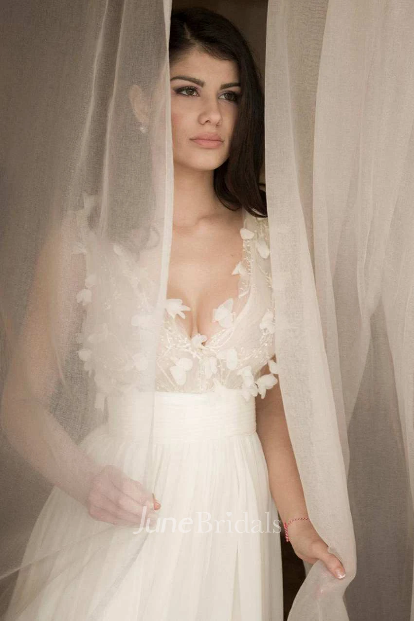 V-Neck Chiffon Floral Sash Ribbon Button Wedding Dress