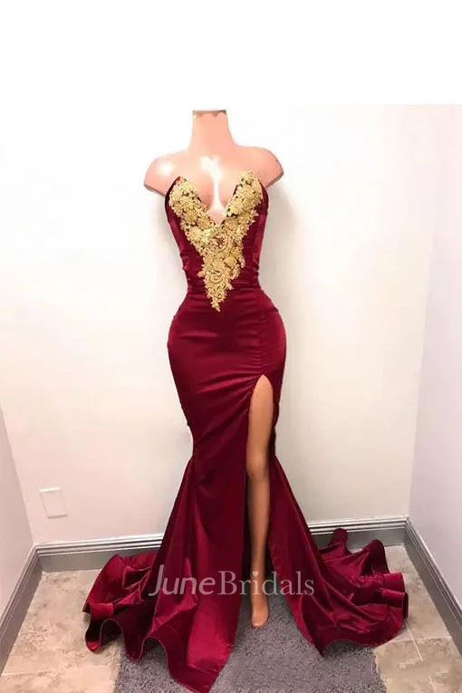 Taffeta Sexy Bodycon Notched Tall Women Sweep Brush Train Sleeveless Appliques Split Front Dress
