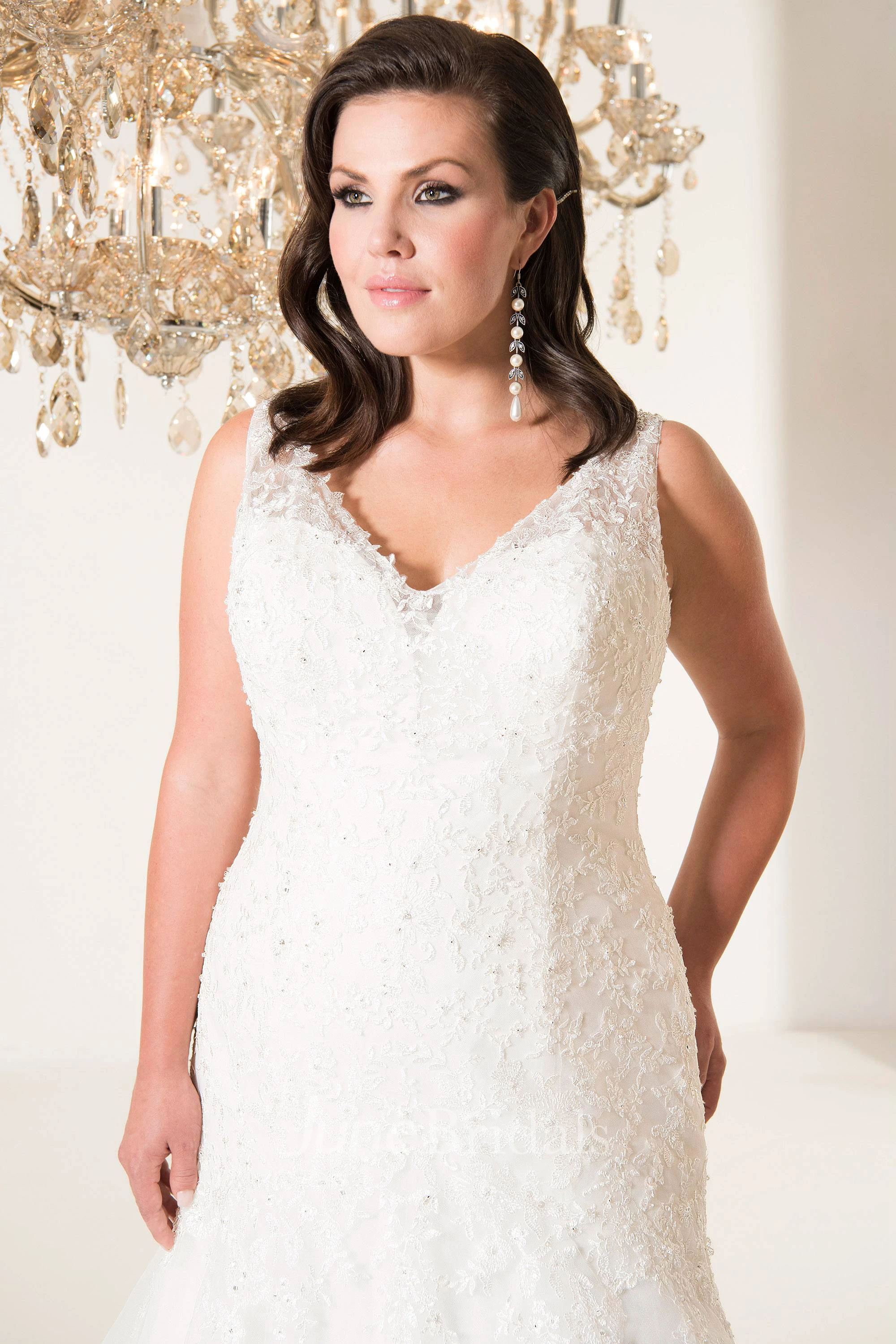 Trumpet Long V-Neck Sleeveless Tulle Court Train Corset Back  Dress