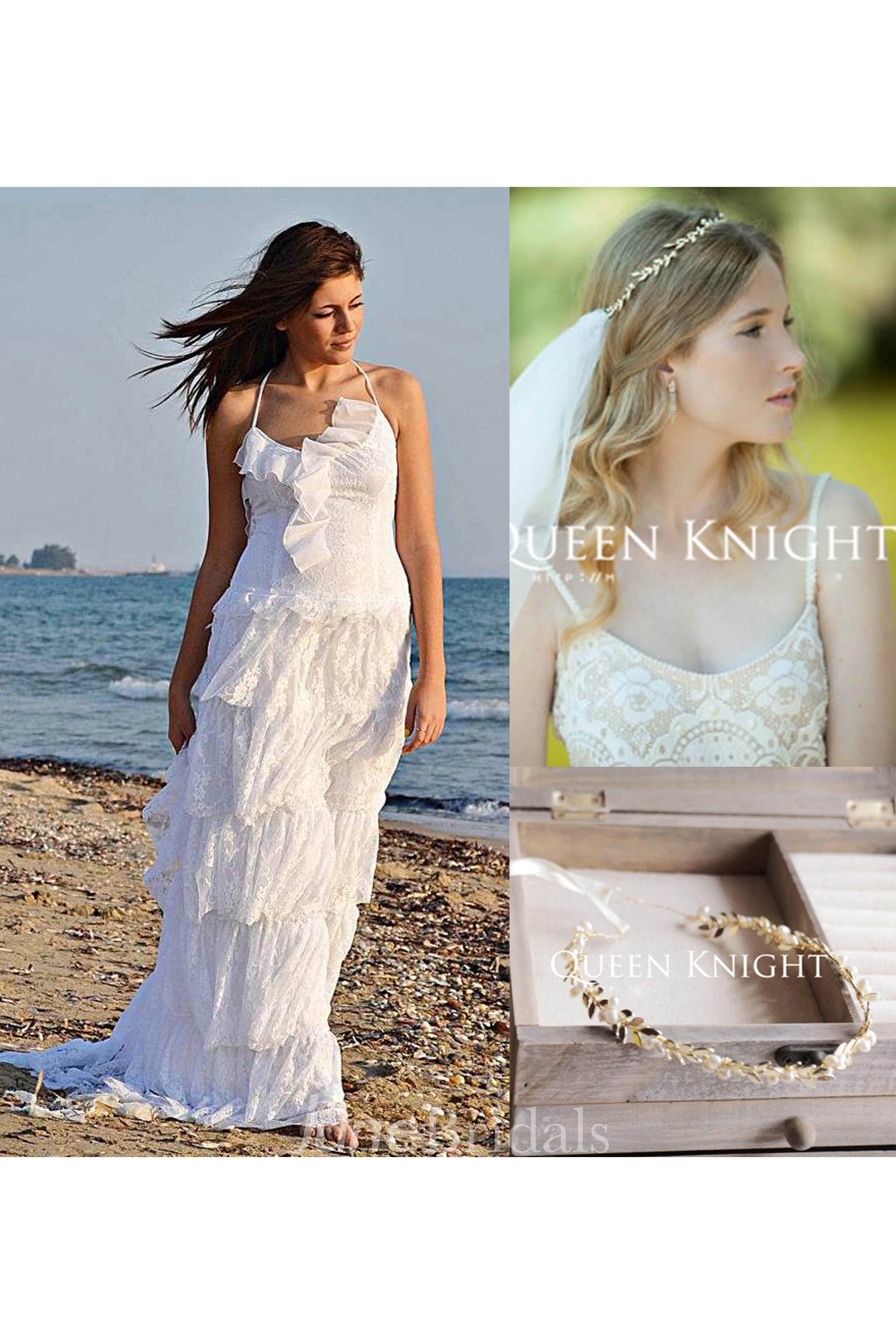 Beach Spaghetti Boho Style Lace Tiered Wedding Dress and Exquisite Copper-plated Leaves Vines Freshwater Pearl Hair Band