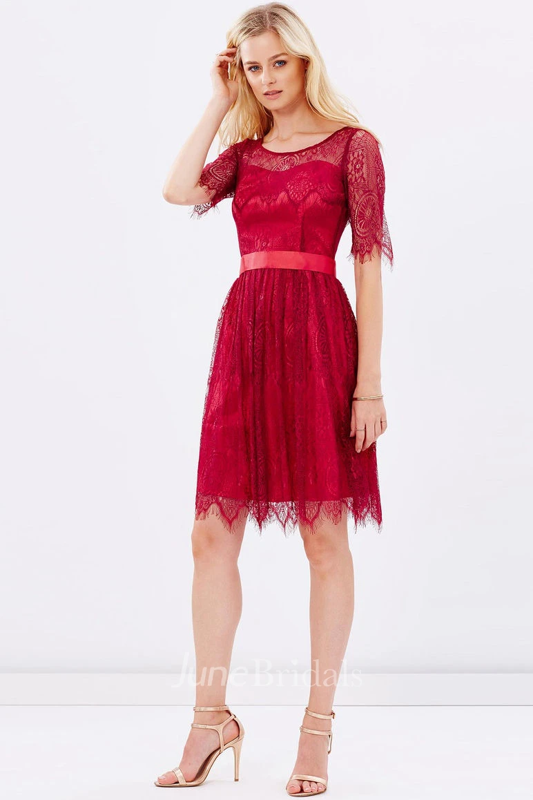 Mini Half Sleeve Scoop Neck Ribboned Lace Bridesmaid Dress