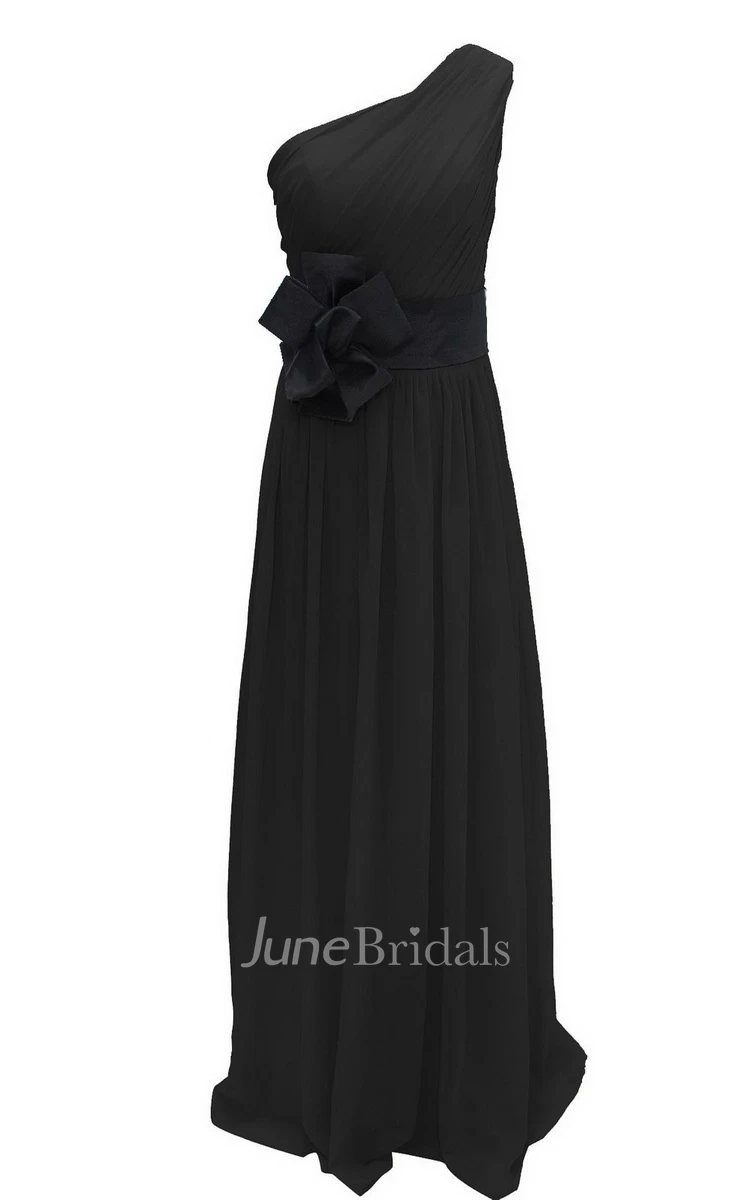 One-shoulder Pleated Chiffon A-line Gown With Floral Band