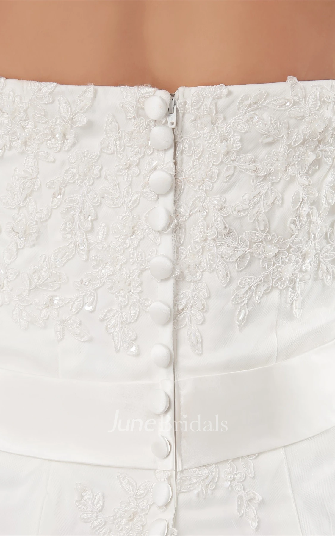 strapless maxi lace dress with court train and broach