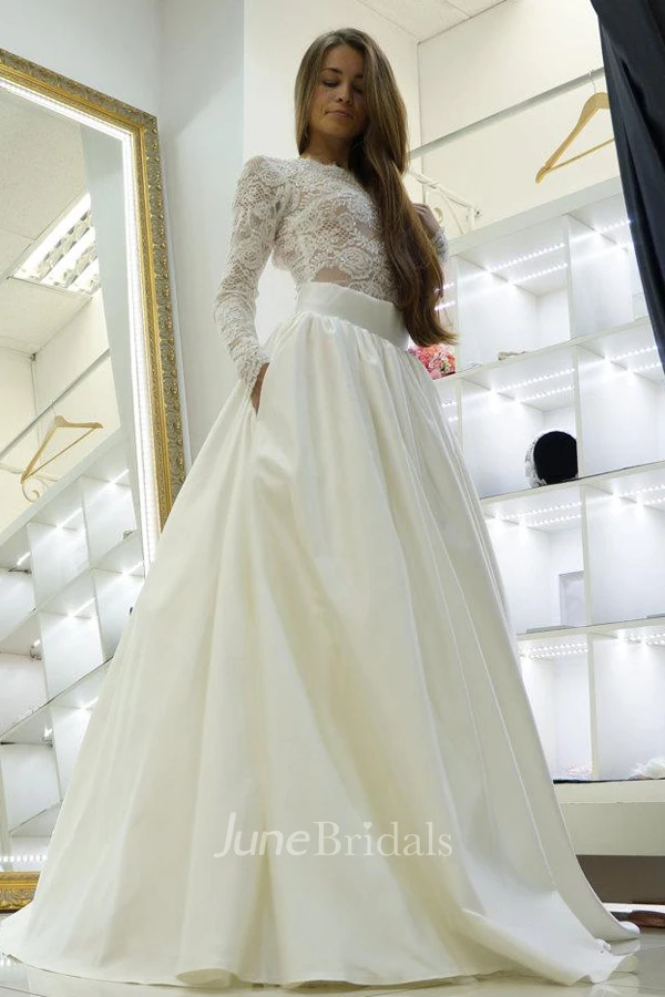 Bateau Lace Appliques A-Line Satin Wedding Dress With Keyhole Back