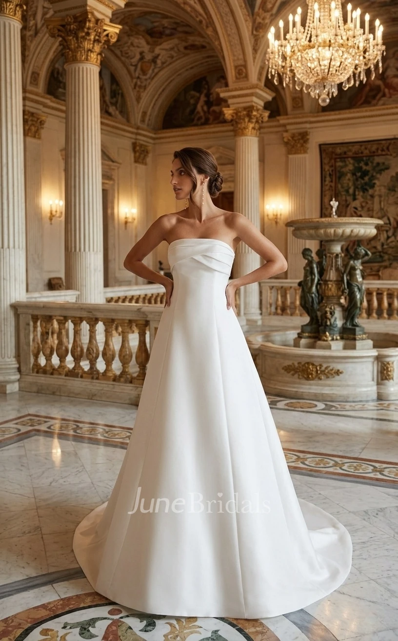 Modern Simple A-Line Beach Strapless Neckline Spring Wedding Dress Romantic Modest Ruching Button Back Satin Bridal Gown with Train