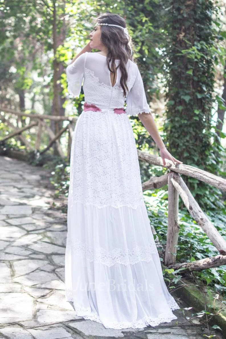 Bateau Bell-Sleeve Lace Full Wedding Dress