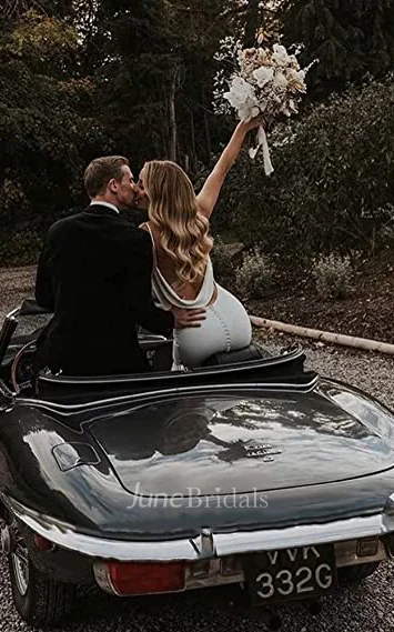 Mermaid V-neck Satin Winter Wedding Dress Simple Western Elegant Romantic Adorable Beach Garden With Open Back And Sleevesless 