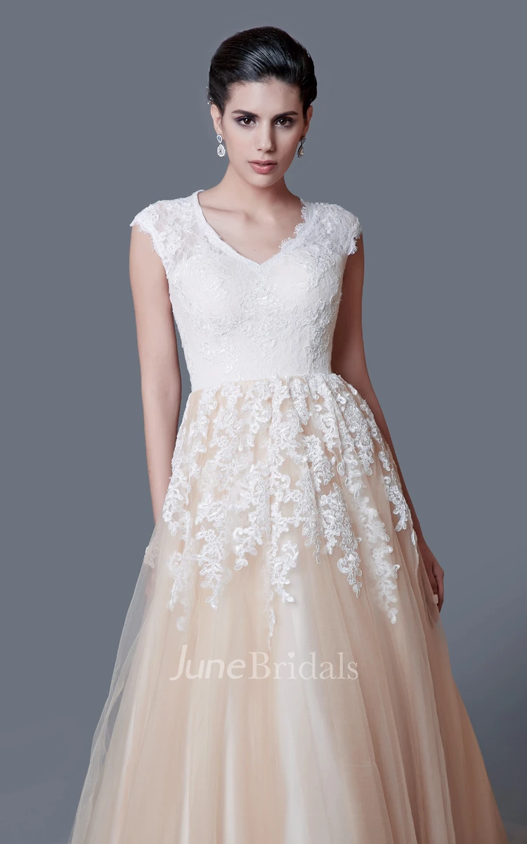 Modest A-line Lace Long Wedding Dress with Cap Sleeves
