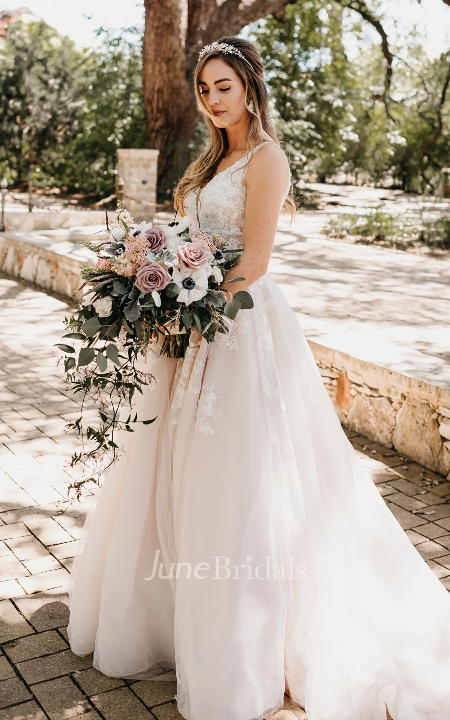 Adorable A-Line Lace Spring Wedding Dress With Appliques And Illusion Deep-V Back