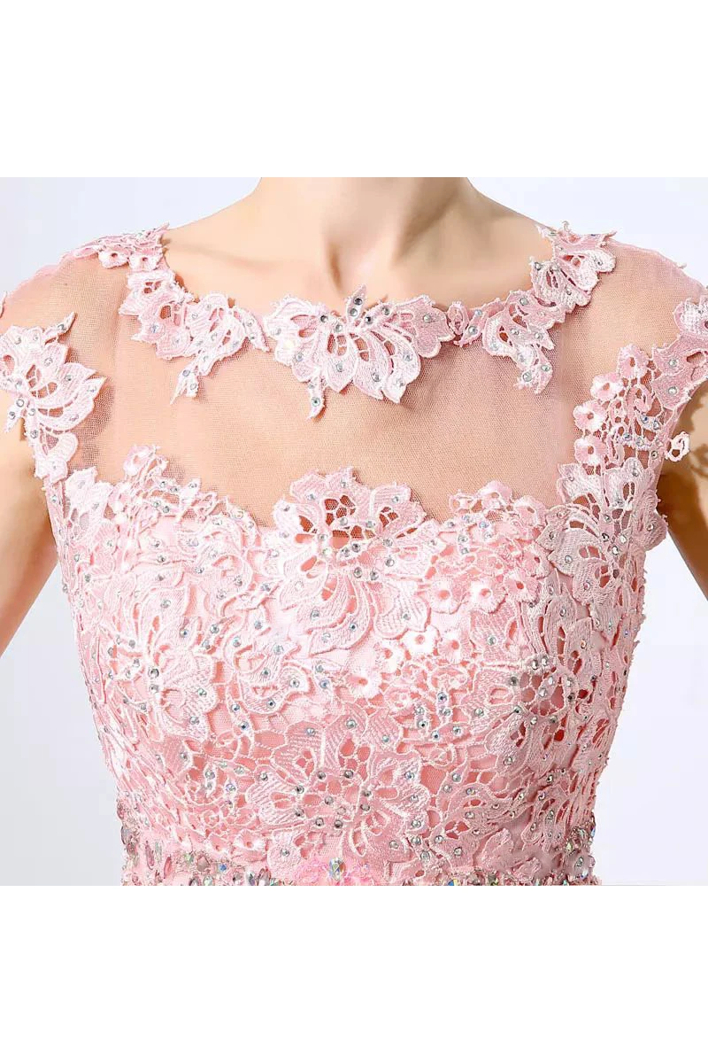 A-line Bateau Short Sleeve Beading Pleats Short Mini Lace Tulle Homecoming Dress