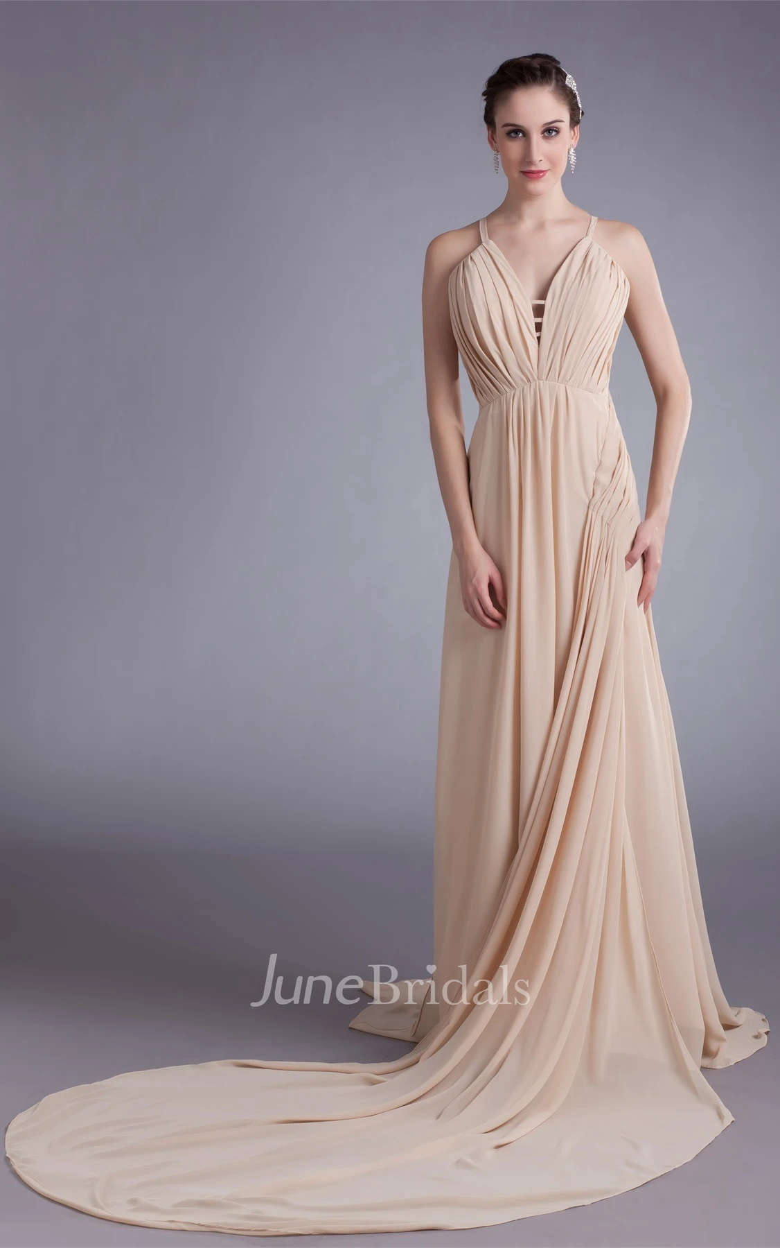 spaghetti-strap maxi chiffon dress with brush train and draping