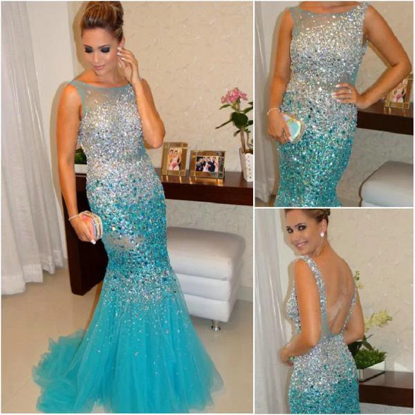 Glamorous Sleeveless Beadings Crystals Prom Dresses Mermaid Tulle Party Gowns