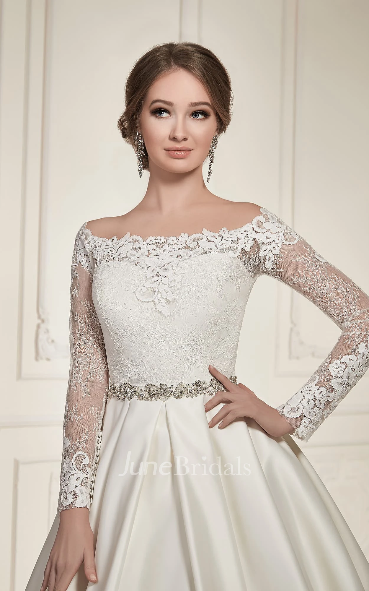 A-Line Floor-Length Bateau-Neck Illusion-Sleeve Illusion Satin Dress With Beading And Pleatings