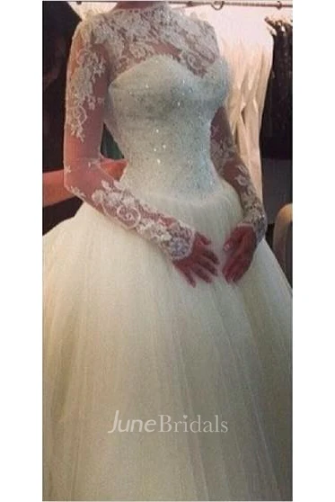 Glamorous High Neck Long Sleeve Tulle Wedding Dress With Beadings Lace Appliques