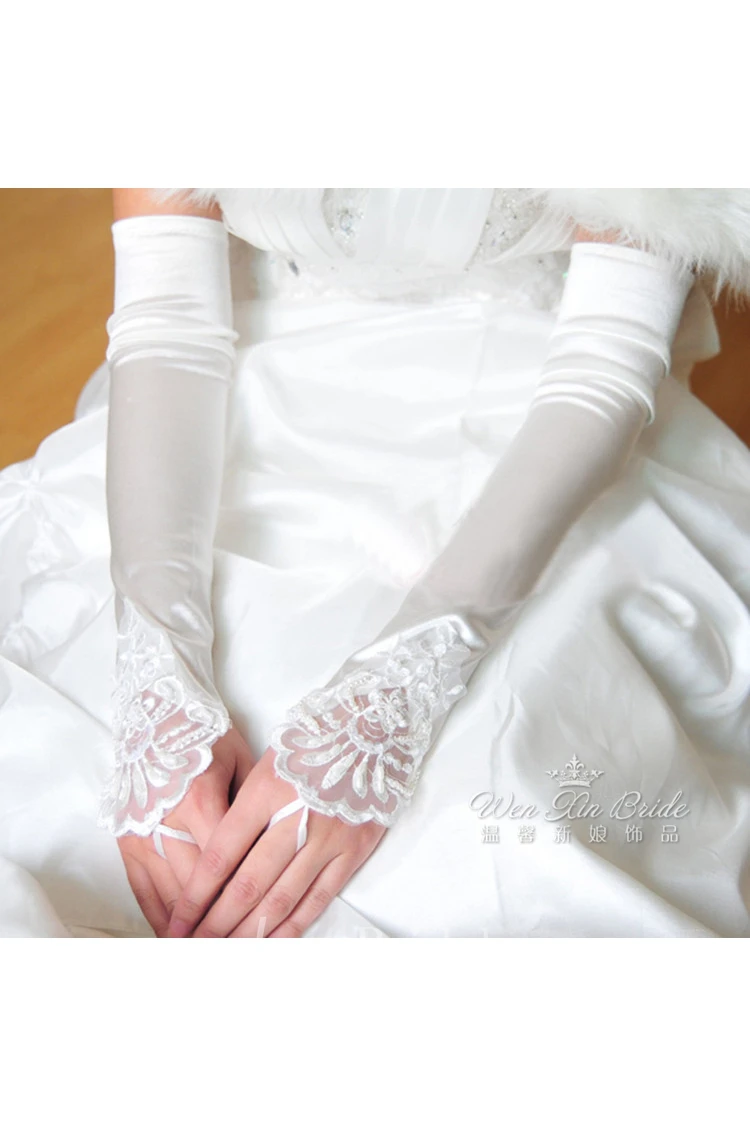 Plus Long Stretch Satin Embroidered Beads Exposed Finger Gloves