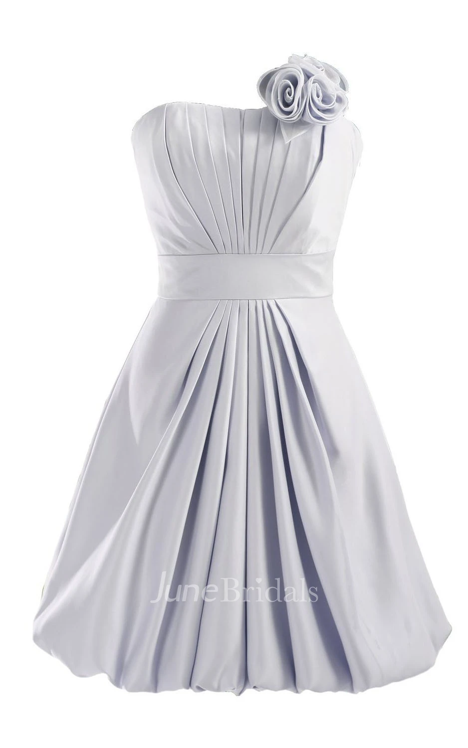 Strapless Appliqued Ruched Bodice Short Pleated Satin Dress