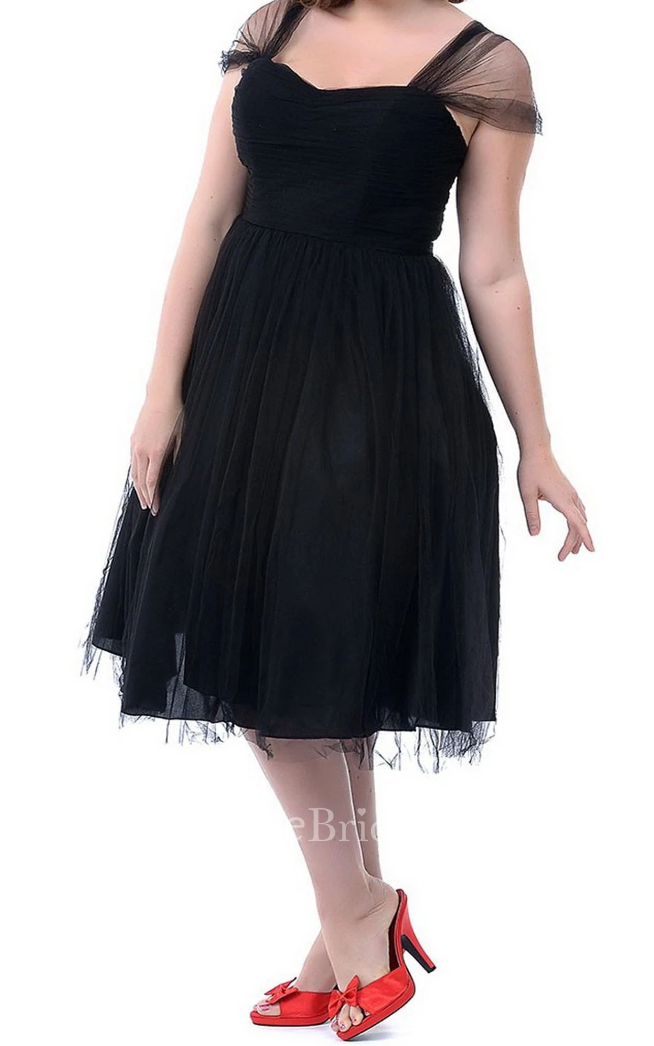 Sleeveless Midi-length Pleated Tulle Dress With Illusion Straps