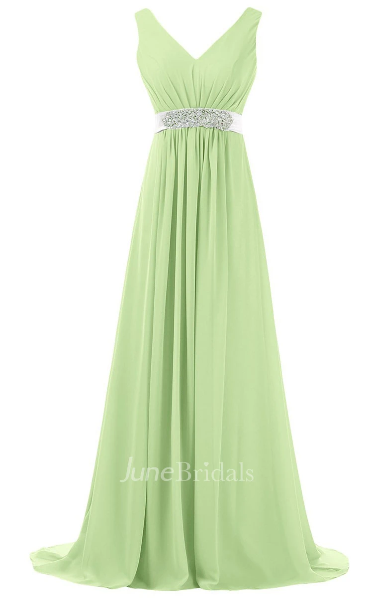 V-neck Pleated Chiffon A-line Gown With Beaded Band