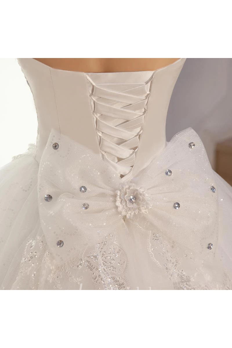 Gorgeous Strapless Beadings Crystal Wedding Dresses Lace-up Tulle Lace Bridal Gown