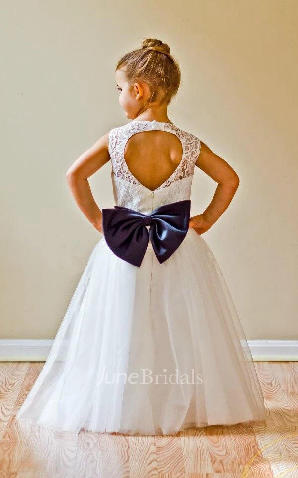 Cap Sleeve Jewel Neck Lace Top Tulle Dress With Bow Belt