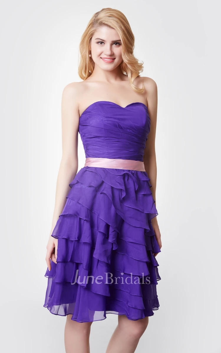 Strapless Ruched Ruffled Short Chiffon Dress With Satin Bow Belt