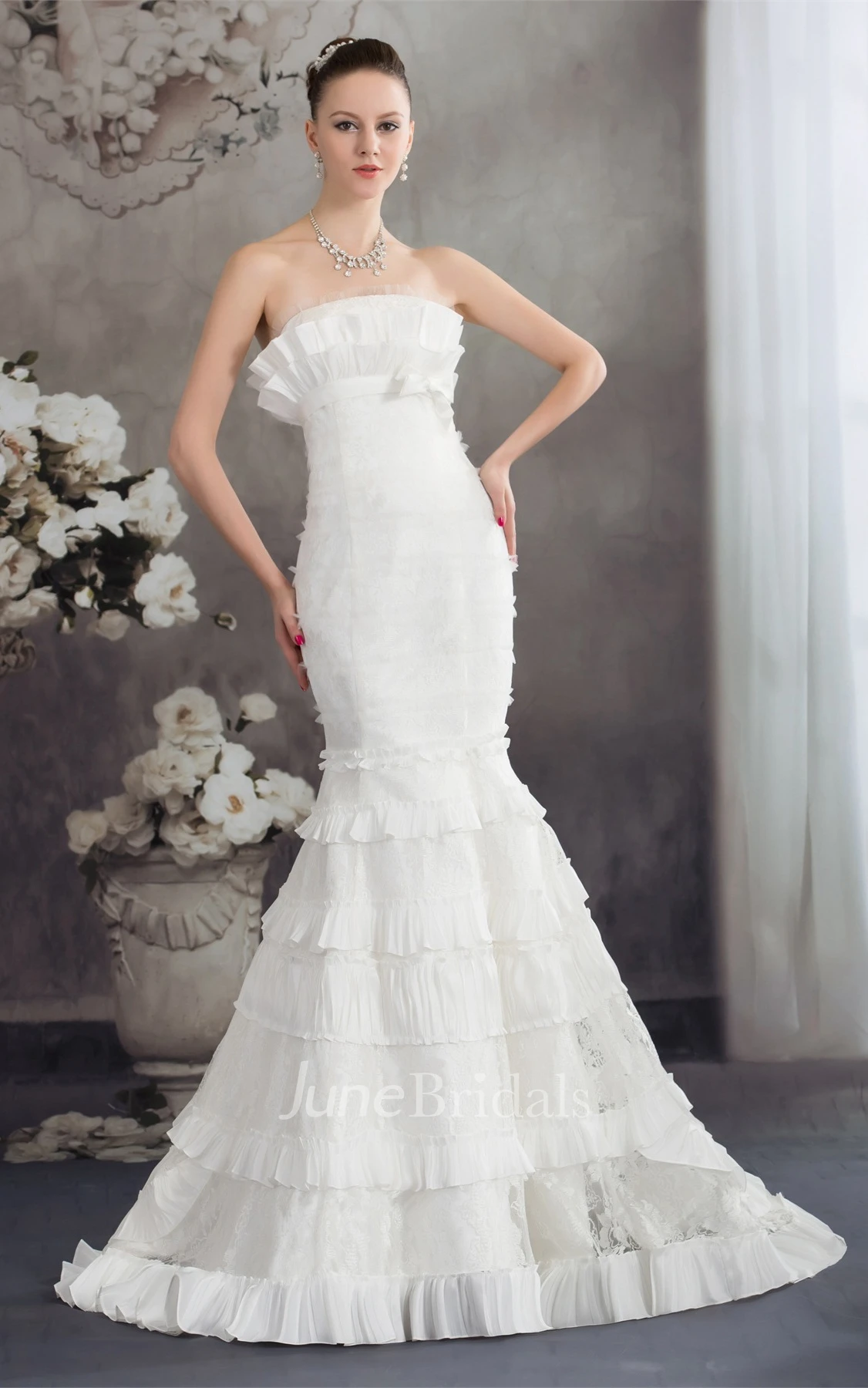 Strapless Ruched Appliqued Dress with Trumpet Silhouette